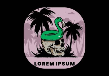 Kafatasının üstünde bir Flamingo can simidi tasarımı var.