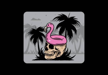 Kafatasının üstünde bir Flamingo can simidi tasarımı var.