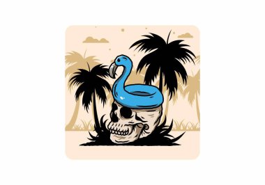 Kafatasının üstünde bir Flamingo can simidi tasarımı var.