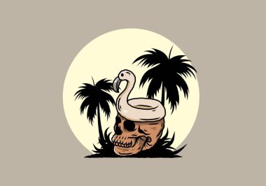 Kafatasının üstünde bir Flamingo can simidi tasarımı var.