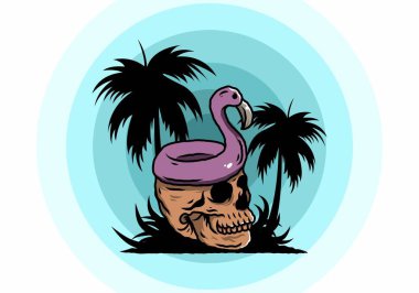 Kafatasının üstünde bir Flamingo can simidi tasarımı var.