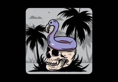 Kafatasının üstünde bir Flamingo can simidi tasarımı var.