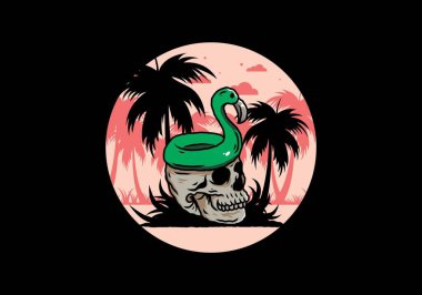 Kafatasının üstünde bir Flamingo can simidi tasarımı var.