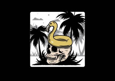 Kafatasının üstünde bir Flamingo can simidi tasarımı var.