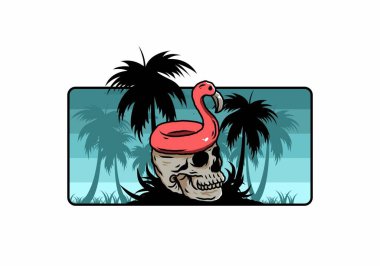 Kafatasının üstünde bir Flamingo can simidi tasarımı var.