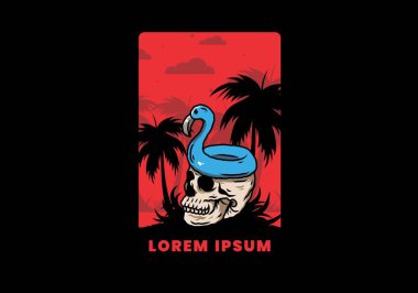 Kafatasının üstünde bir Flamingo can simidi tasarımı var.