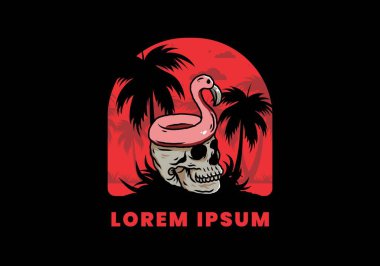 Kafatasının üstünde bir Flamingo can simidi tasarımı var.