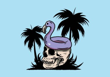 Kafatasının üstünde bir Flamingo can simidi tasarımı var.