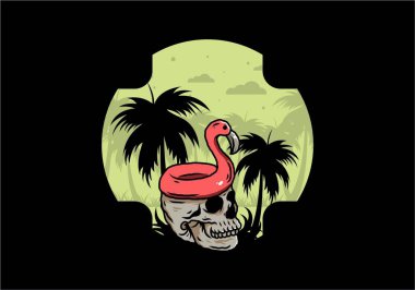 Kafatasının üstünde bir Flamingo can simidi tasarımı var.