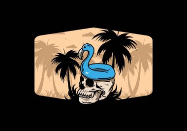 Kafatasının üstünde bir Flamingo can simidi tasarımı var.