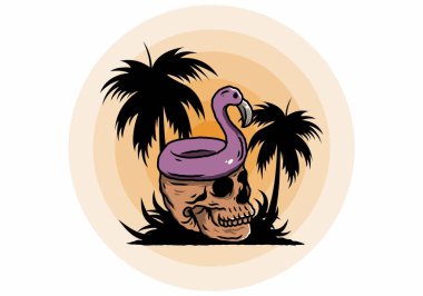 Kafatasının üstünde bir Flamingo can simidi tasarımı var.