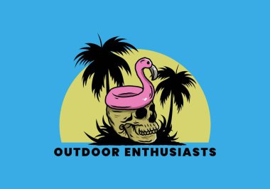 Kafatasının üstünde bir Flamingo can simidi tasarımı var.