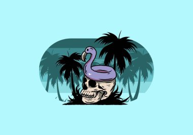 Kafatasının üstünde bir Flamingo can simidi tasarımı var.