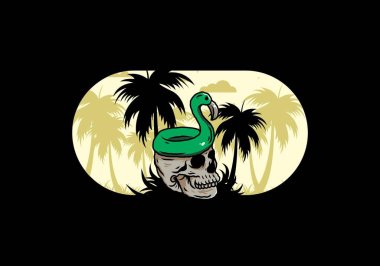 Kafatasının üstünde bir Flamingo can simidi tasarımı var.