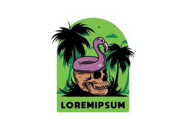 Kafatasının üstünde bir Flamingo can simidi tasarımı var.