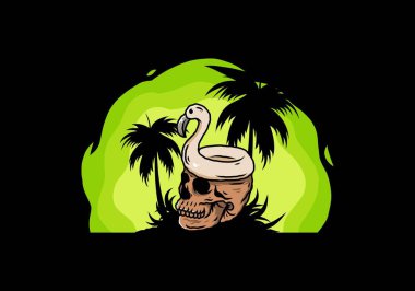Kafatasının üstünde bir Flamingo can simidi tasarımı var.