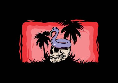 Kafatasının üstünde bir Flamingo can simidi tasarımı var.