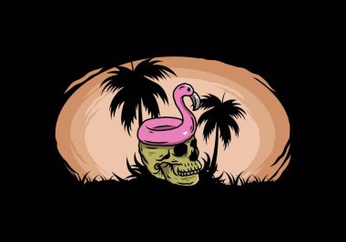 Kafatasının üstünde bir Flamingo can simidi tasarımı var.