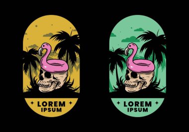 Kafatasının üstünde bir Flamingo can simidi tasarımı var.