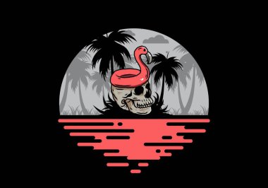 Kafatasının üstünde bir Flamingo can simidi tasarımı var.