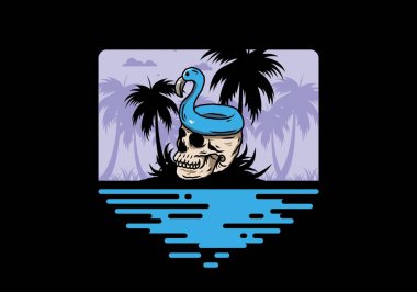 Kafatasının üstünde bir Flamingo can simidi tasarımı var.