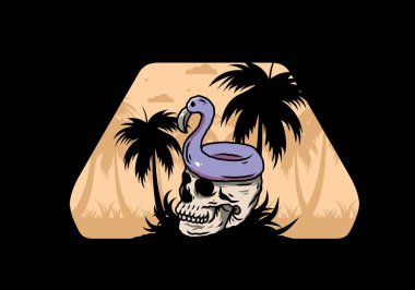 Kafatasının üstünde bir Flamingo can simidi tasarımı var.