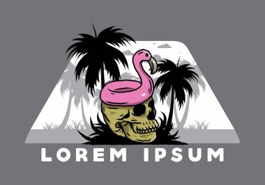 Kafatasının üstünde bir Flamingo can simidi tasarımı var.