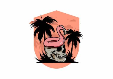 Kafatasının üstünde bir Flamingo can simidi tasarımı var.