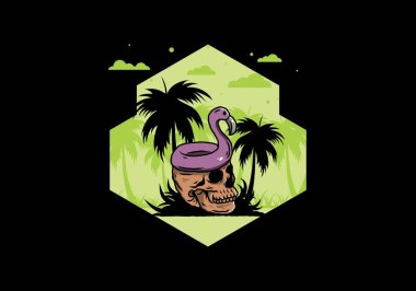 Kafatasının üstünde bir Flamingo can simidi tasarımı var.