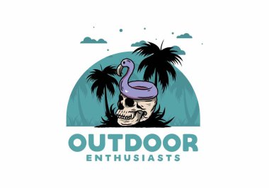 Kafatasının üstünde bir Flamingo can simidi tasarımı var.