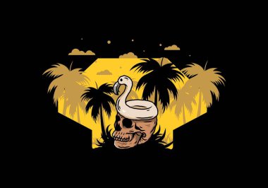 Kafatasının üstünde bir Flamingo can simidi tasarımı var.