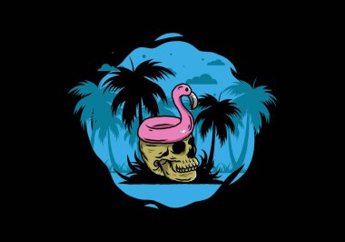 Kafatasının üstünde bir Flamingo can simidi tasarımı var.