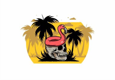 Kafatasının üstünde bir Flamingo can simidi tasarımı var.