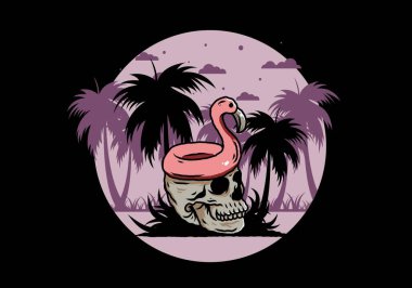 Kafatasının üstünde bir Flamingo can simidi tasarımı var.