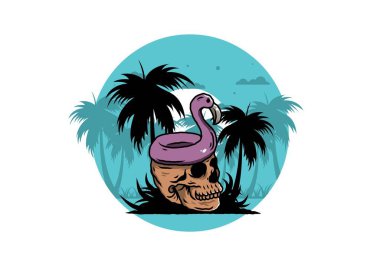 Kafatasının üstünde bir Flamingo can simidi tasarımı var.