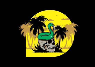 Kafatasının üstünde bir Flamingo can simidi tasarımı var.