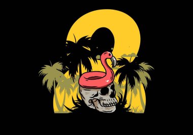 Kafatasının üstünde bir Flamingo can simidi tasarımı var.