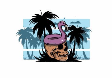 Kafatasının üstünde bir Flamingo can simidi tasarımı var.
