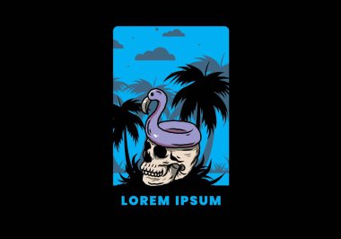 Kafatasının üstünde bir Flamingo can simidi tasarımı var.