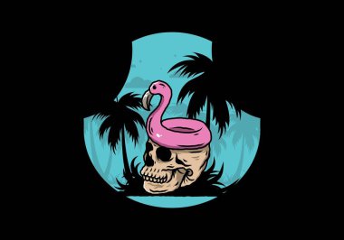 Kafatasının üstünde bir Flamingo can simidi tasarımı var.