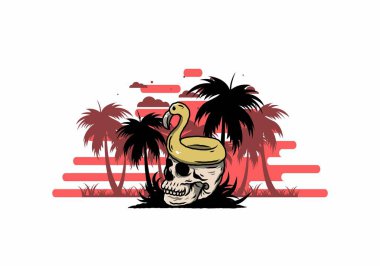 Kafatasının üstünde bir Flamingo can simidi tasarımı var.