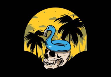 Kafatasının üstünde bir Flamingo can simidi tasarımı var.