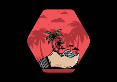 Lambanın üzerinde bir plaj manzarası çizimi