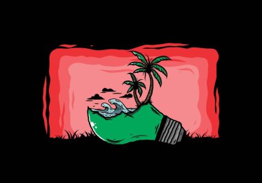 Lambanın üzerinde bir plaj manzarası çizimi