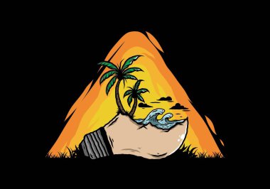 Lambanın üzerinde bir plaj manzarası çizimi