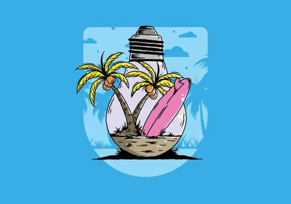 Illustration Design Coconut Tree Surfing Board Bulb Lamp — Stock Vector