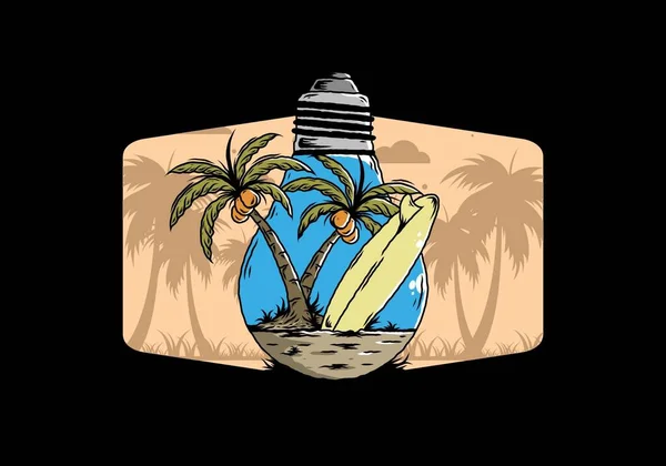 灯泡灯内椰子树及滑浪板的图解设计 — 图库矢量图片
