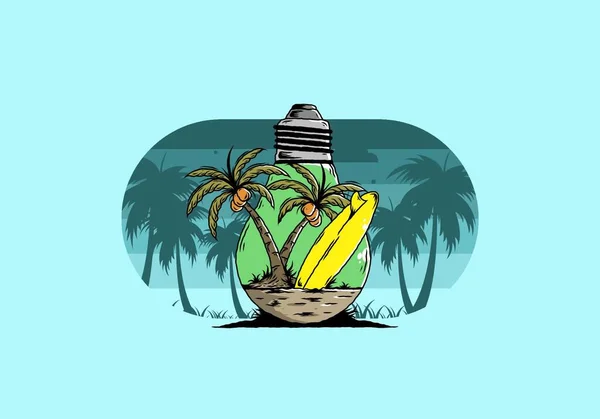 Illustratie Ontwerp Van Een Kokosboom Surfplank Een Gloeilamp — Stockvector