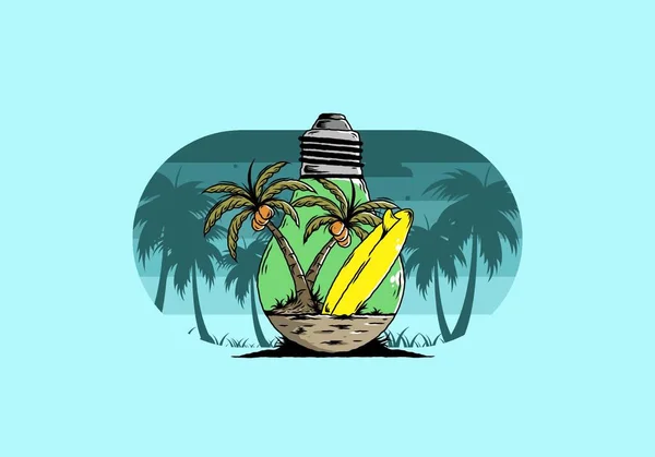 Design Ilustração Coqueiro Prancha Surf Uma Lâmpada Lâmpada —  Vetores de Stock