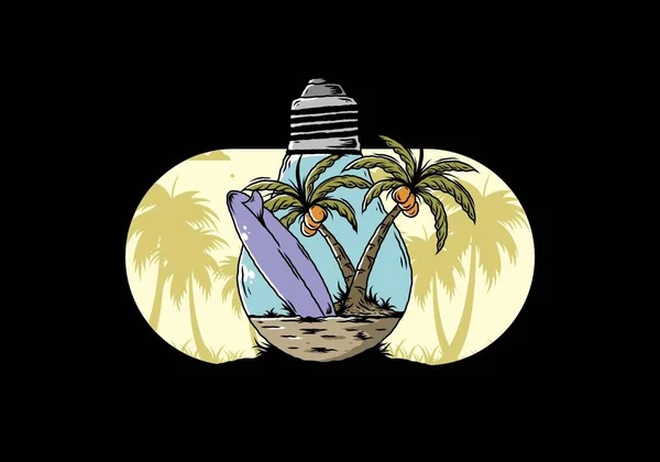Illustrationsdesign Eines Kokosnussbaums Und Surfbretts Einer Glühbirne — Stockvektor